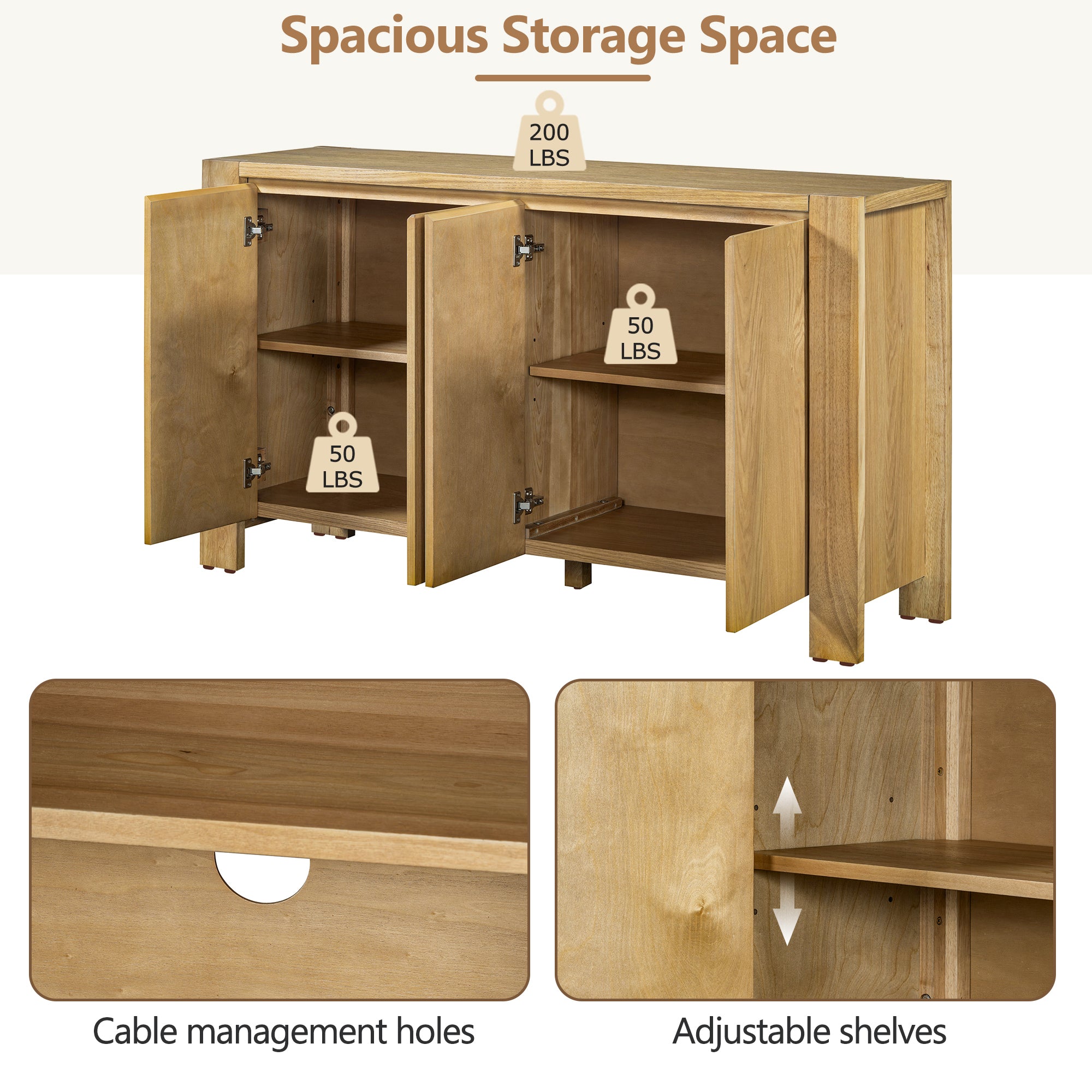 TREXM Buffet Cabinet with Storage, 4-Door Retro Wood Sideboard with Distressed Finish and Adjustable Shelves for Dining Room, Kitchen, and Living Room (Natural)