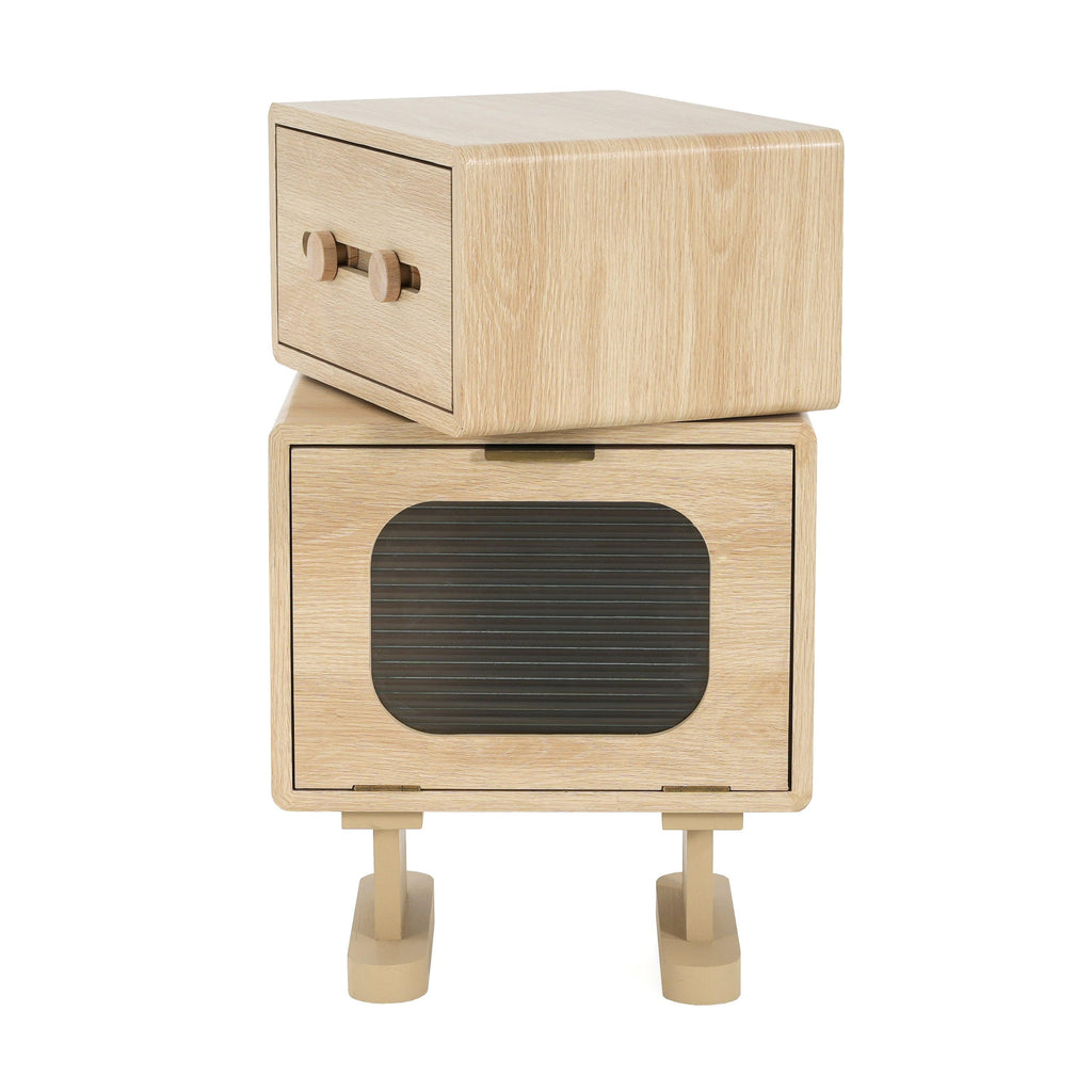 Rotatable Robot Storage Side Table in Natural Finish.