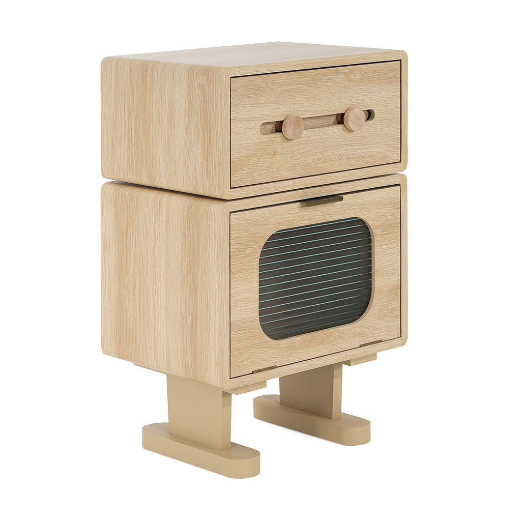 Rotatable Robot Storage Side Table in Natural Finish.