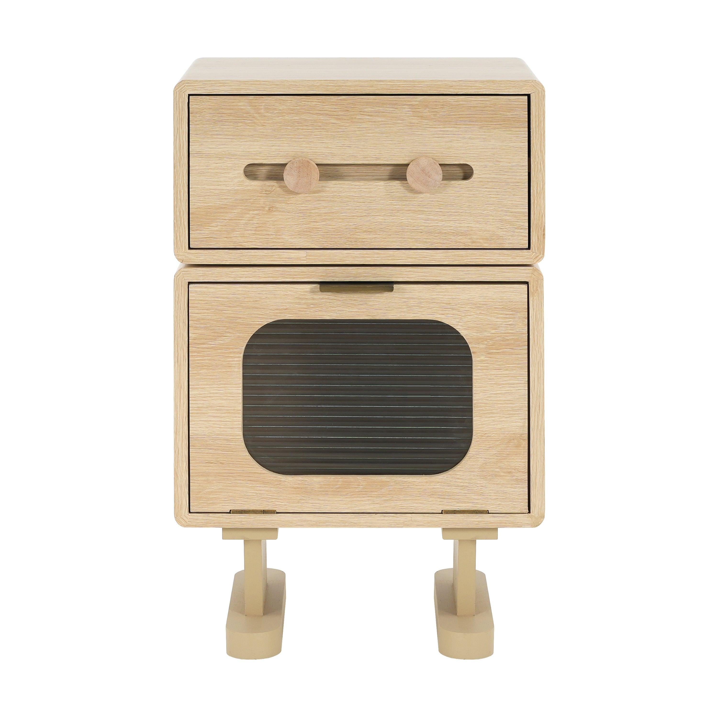 Rotatable Robot Storage Side Table in Natural Finish.
