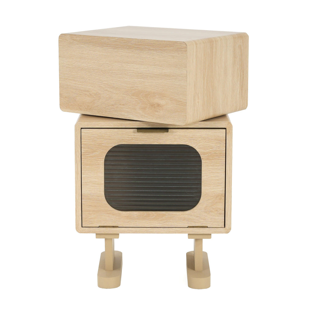 Rotatable Robot Storage Side Table in Natural Finish.