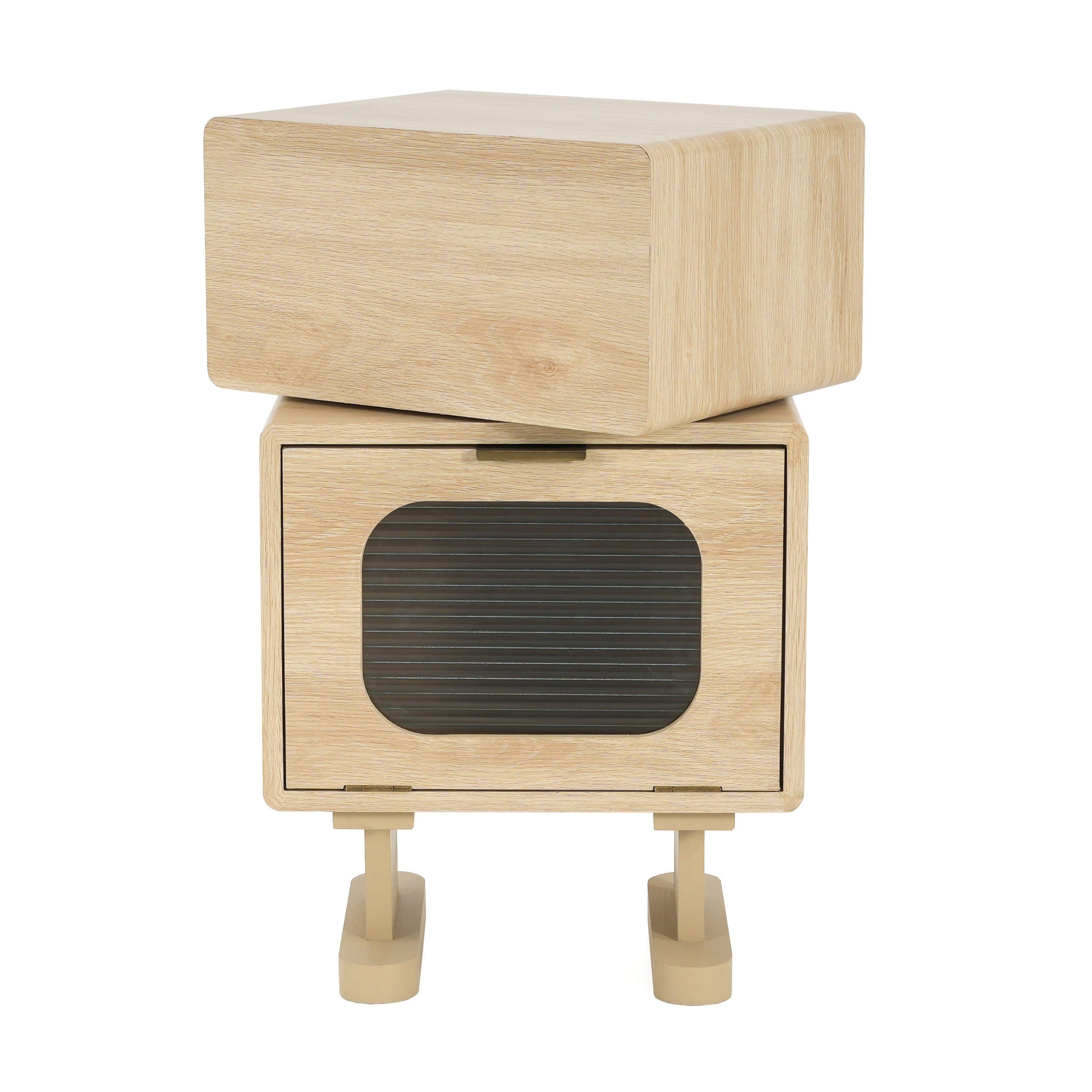 Rotatable Robot Storage Side Table in Natural Finish.