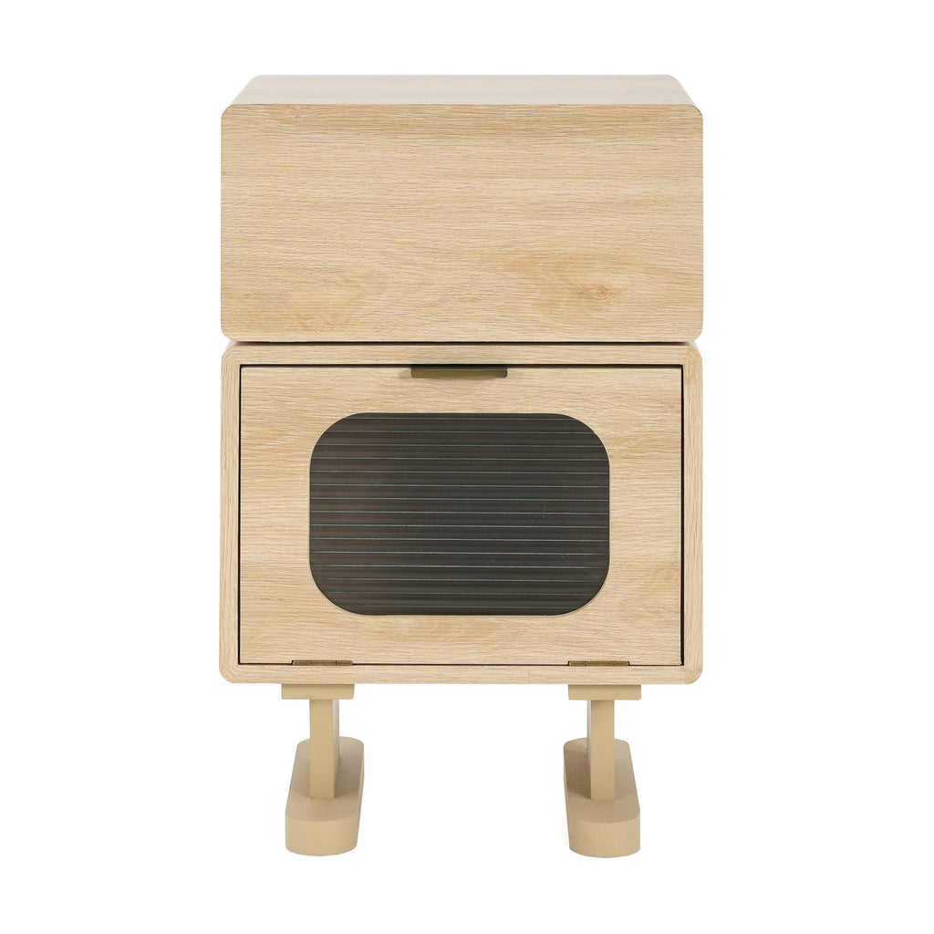 Rotatable Robot Storage Side Table in Natural Finish.