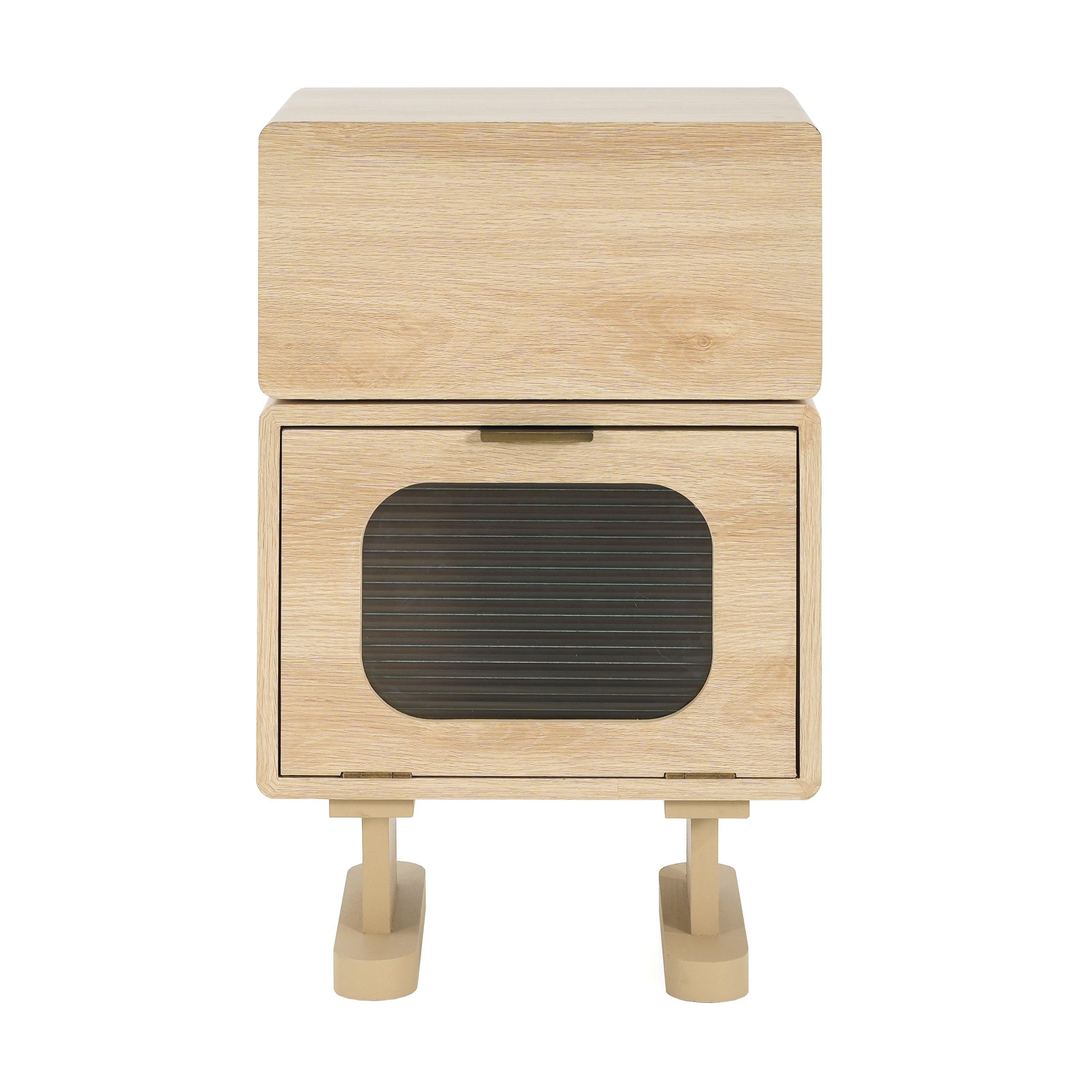 Rotatable Robot Storage Side Table in Natural Finish.