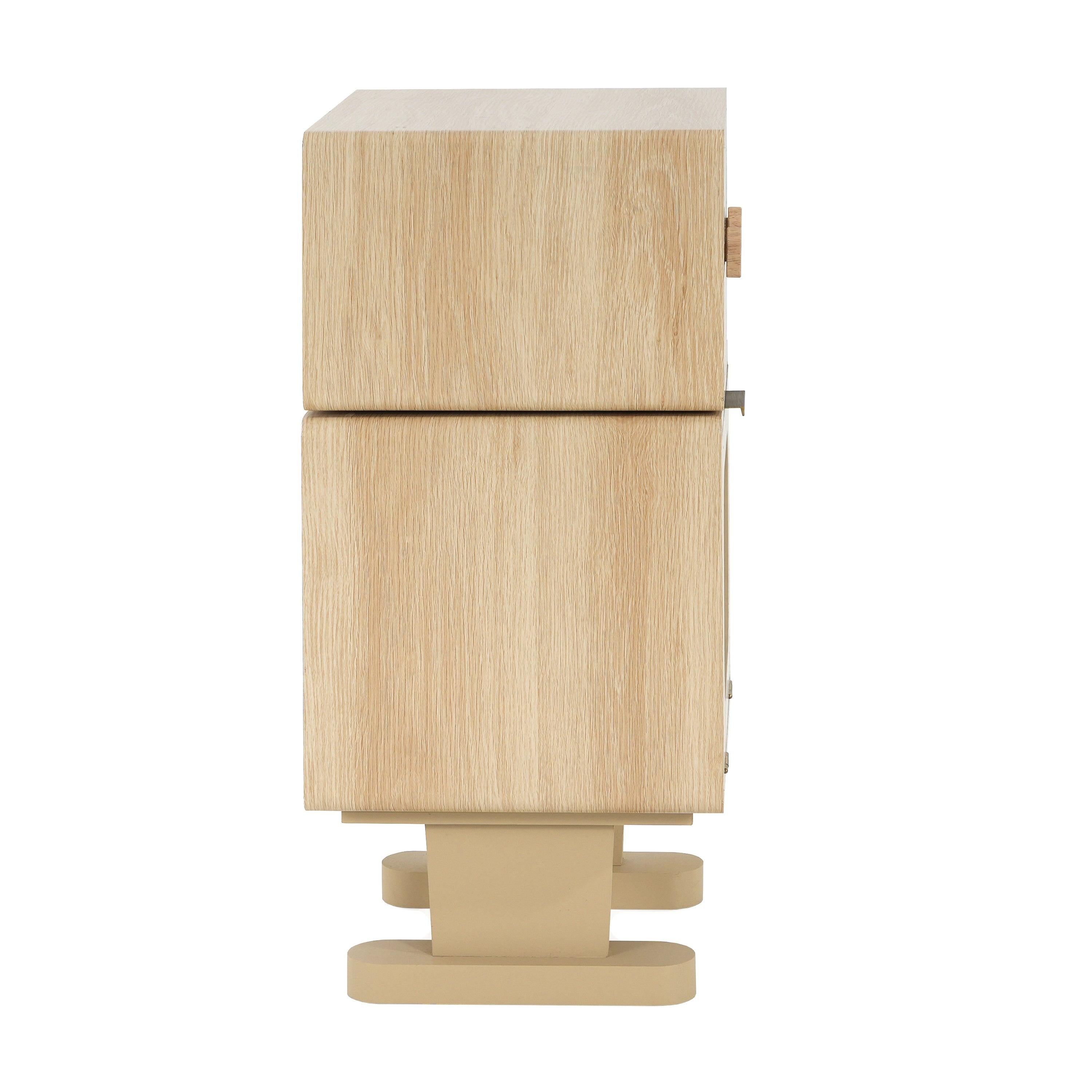 Rotatable Robot Storage Side Table in Natural Finish.