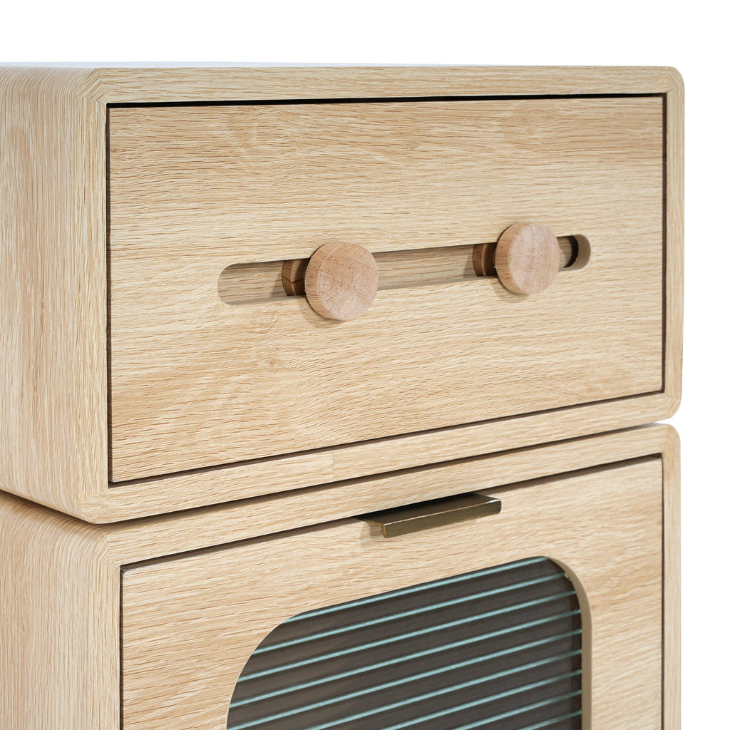 Rotatable Robot Storage Side Table in Natural Finish.