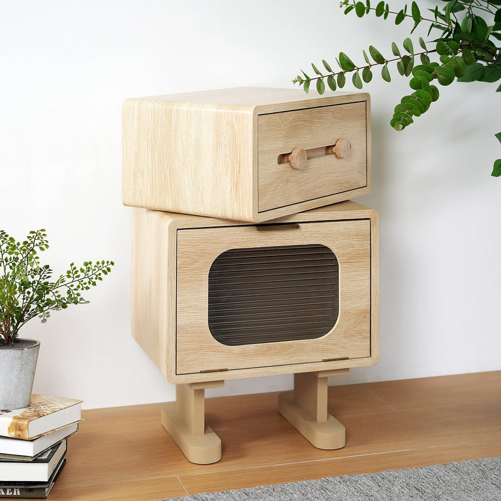 Rotatable Robot Storage Side Table in Natural Finish.