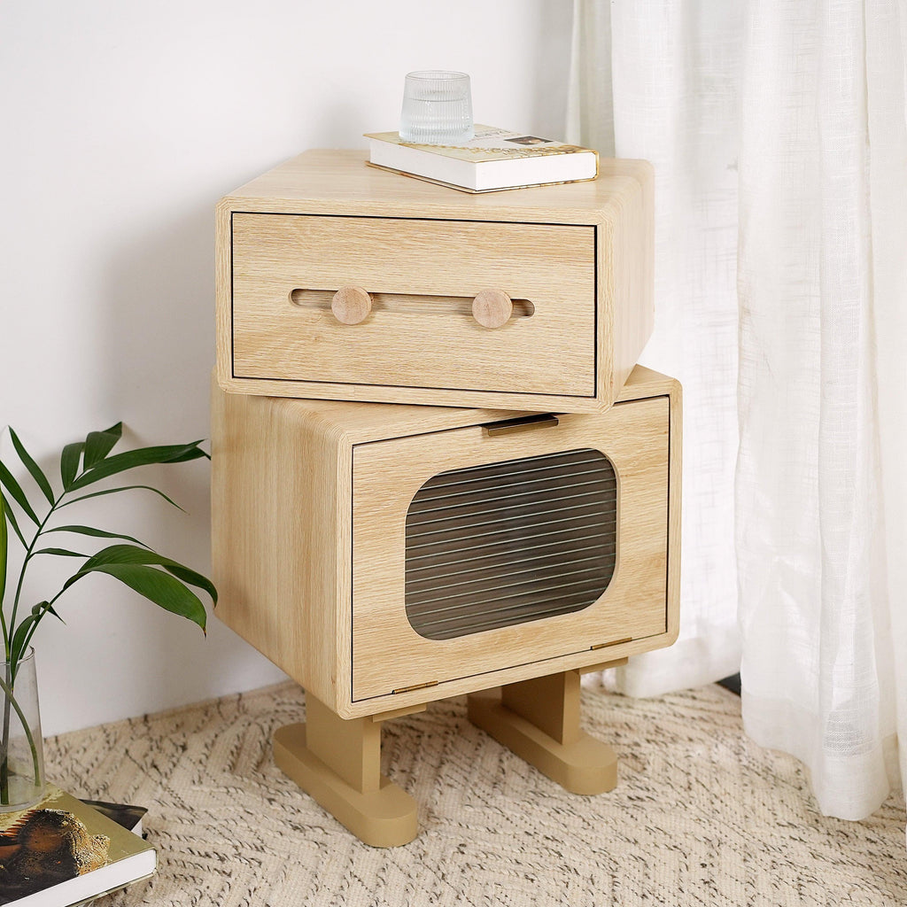 Rotatable Robot Storage Side Table in Natural Finish.