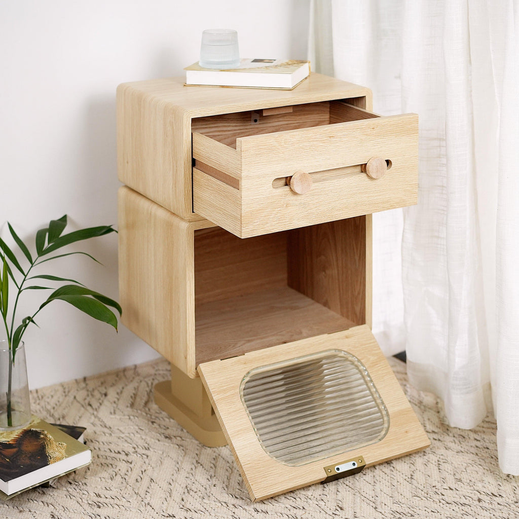 Rotatable Robot Storage Side Table in Natural Finish.