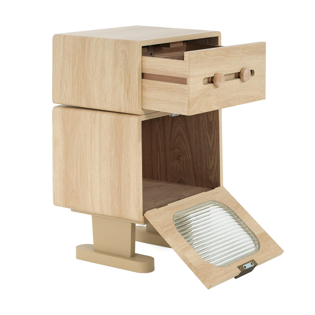 Rotatable Robot Storage Side Table in Natural Finish.