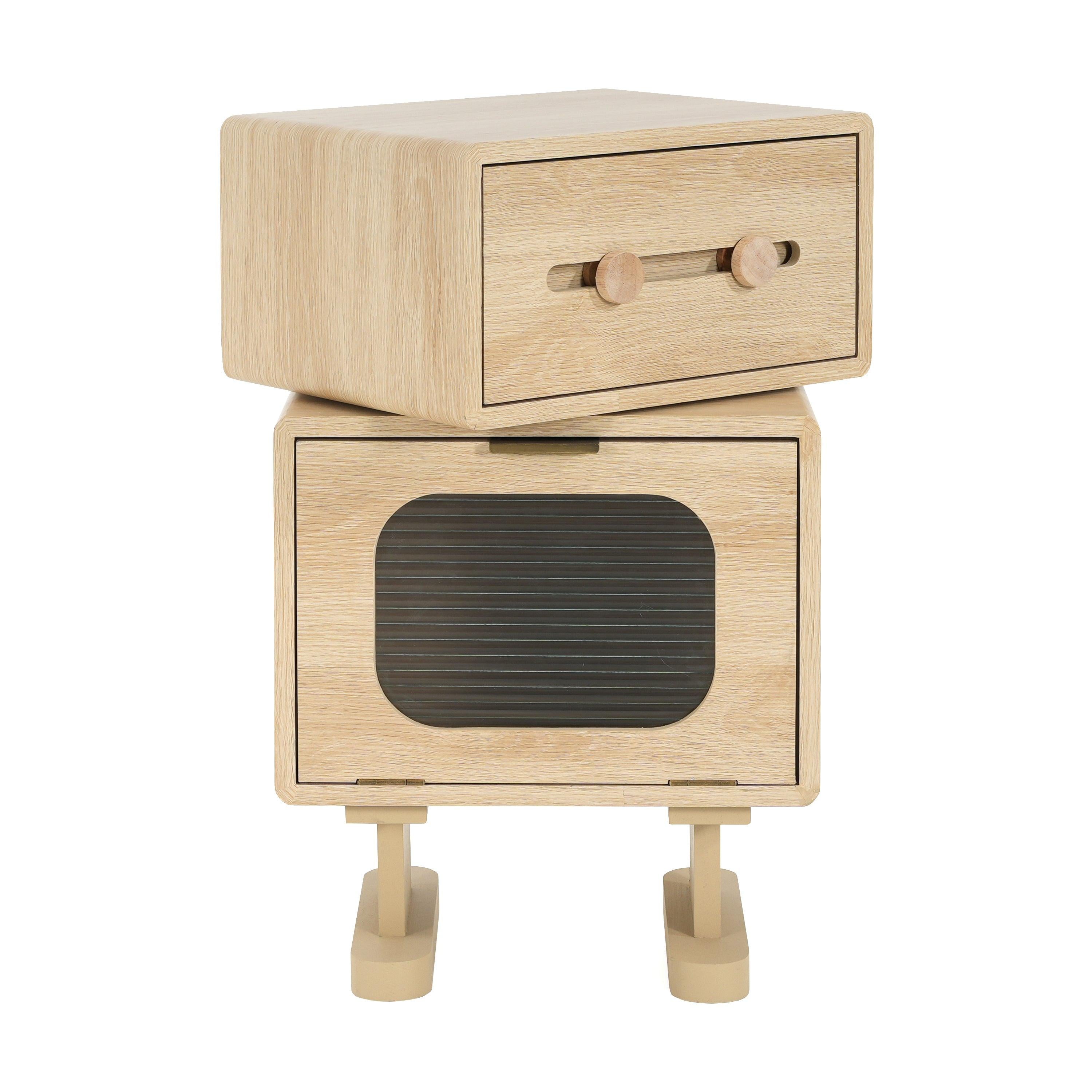 Rotatable Robot Storage Side Table in Natural Finish.