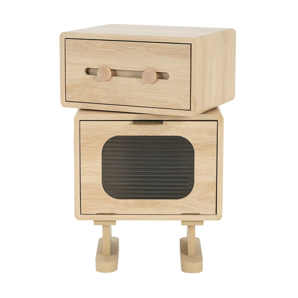 Rotatable Robot Storage Side Table in Natural Finish.