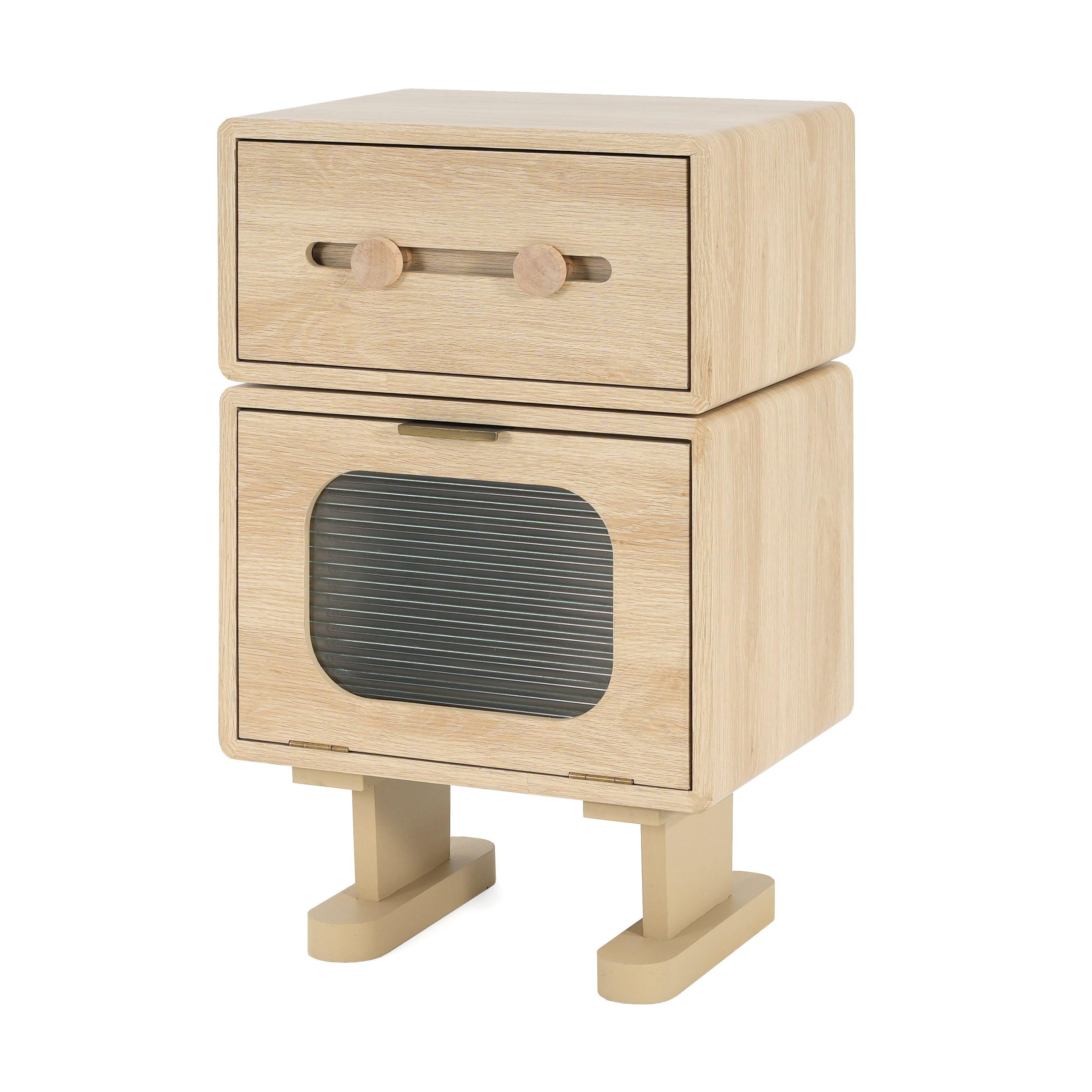 Rotatable Robot Storage Side Table in Natural Finish.