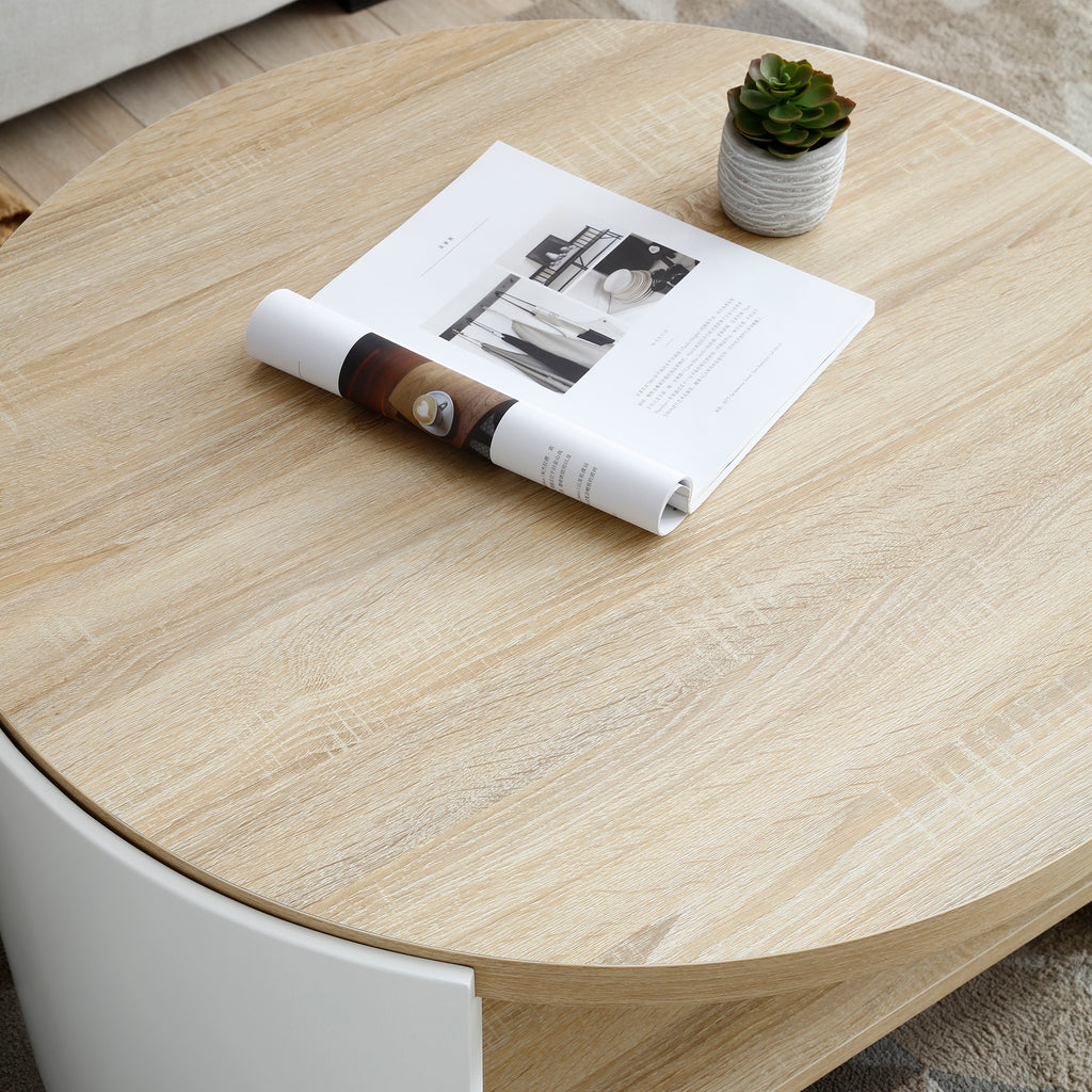 Round Coffee Table,31 Coffee Table for Living Room,2-Tier Rustic Wood Desktop with Storage Shelf Modern Design Home Furniture(Natural color and white)