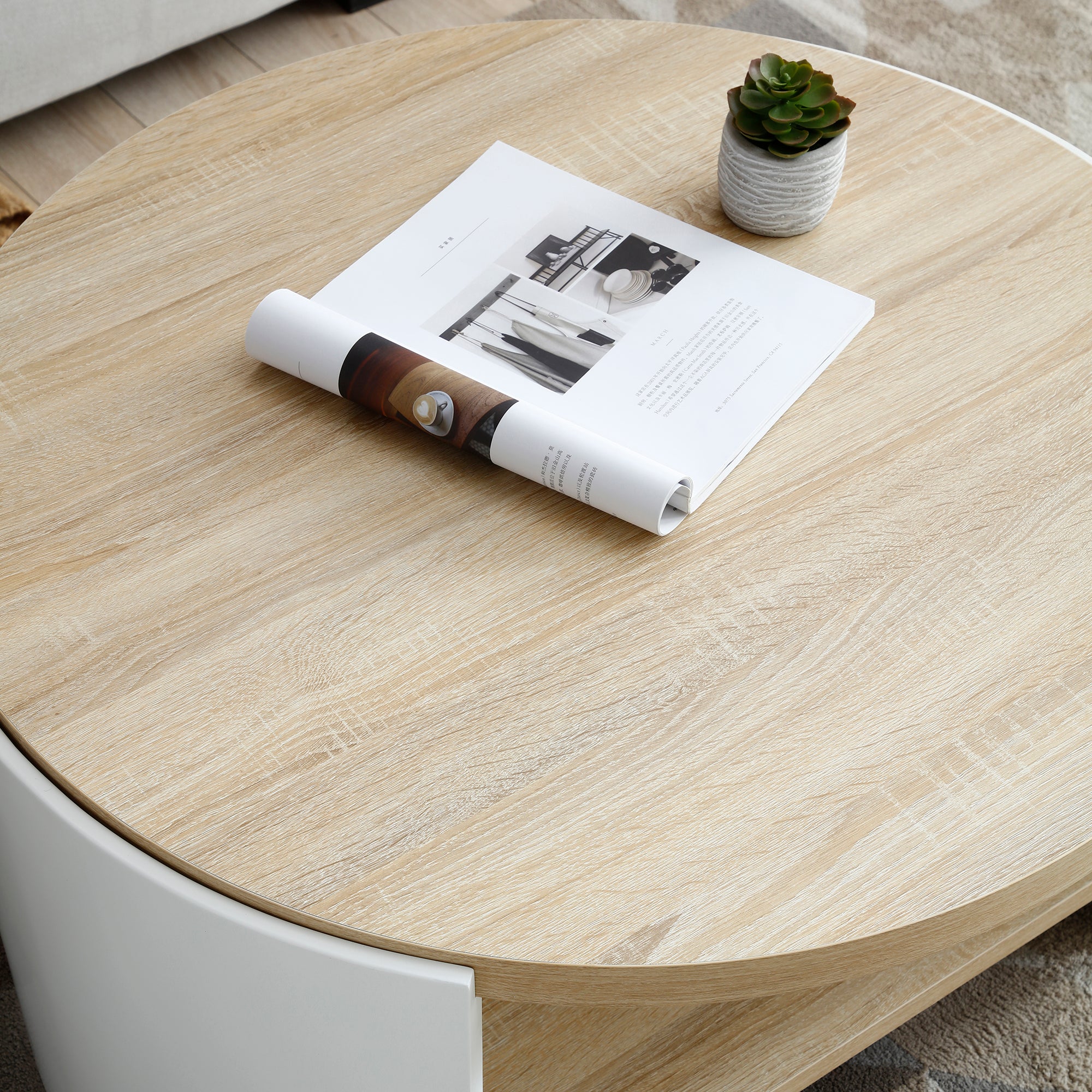 Round Coffee Table,31 Coffee Table for Living Room,2-Tier Rustic Wood Desktop with Storage Shelf Modern Design Home Furniture(Natural color and white)