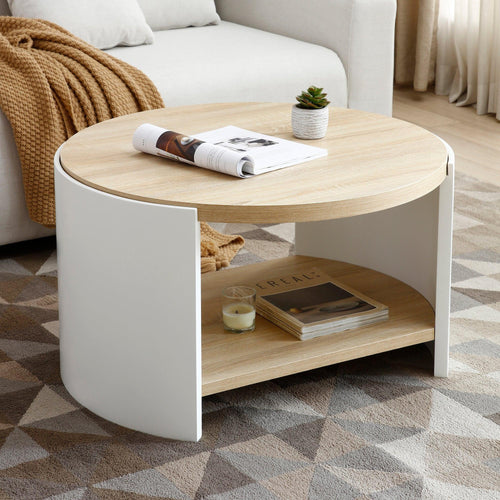 Round 31 Inch Rustic Coffee Table With Storage, Natural.