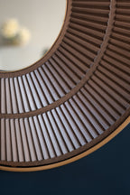 31.5x1x31.5" Round Carter Wooden Mirror with Gold Iron Frame Neutral Colorway Wall Decor for Live space, Bathroom, Entryway Wall Decor - Groovy Boardz