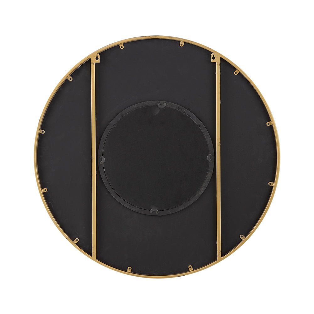 31.5x1x31.5" Round Carter Wooden Mirror with Gold Iron Frame Neutral Colorway Wall Decor for Live space, Bathroom, Entryway Wall Decor - Groovy Boardz
