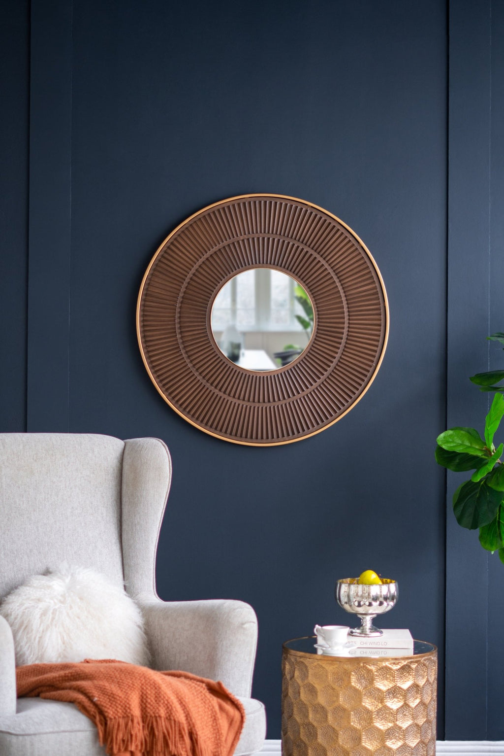31.5x1x31.5" Round Carter Wooden Mirror with Gold Iron Frame Neutral Colorway Wall Decor for Live space, Bathroom, Entryway Wall Decor - Groovy Boardz
