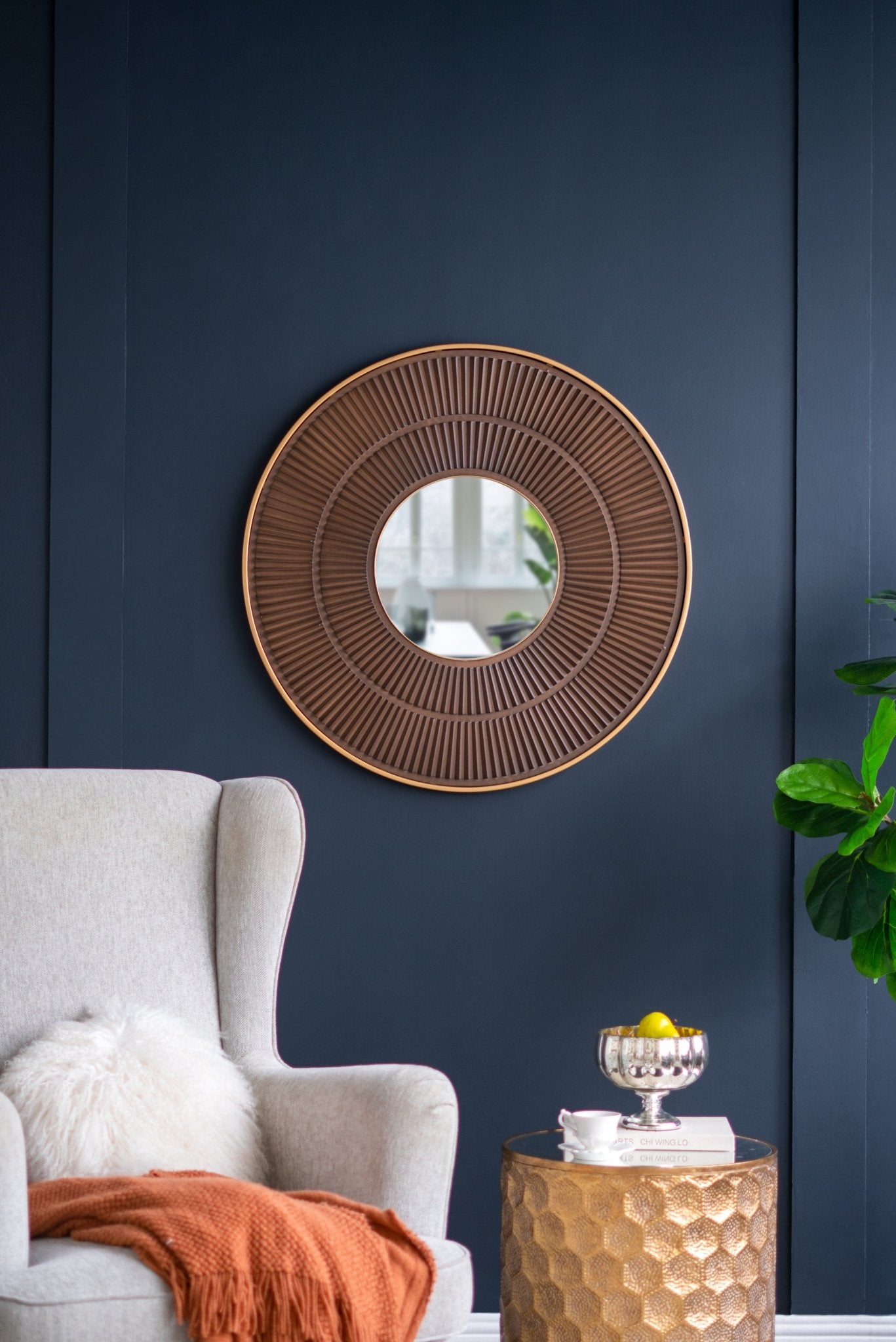 31.5x1x31.5" Round Carter Wooden Mirror with Gold Iron Frame Neutral Colorway Wall Decor for Live space, Bathroom, Entryway Wall Decor - Groovy Boardz