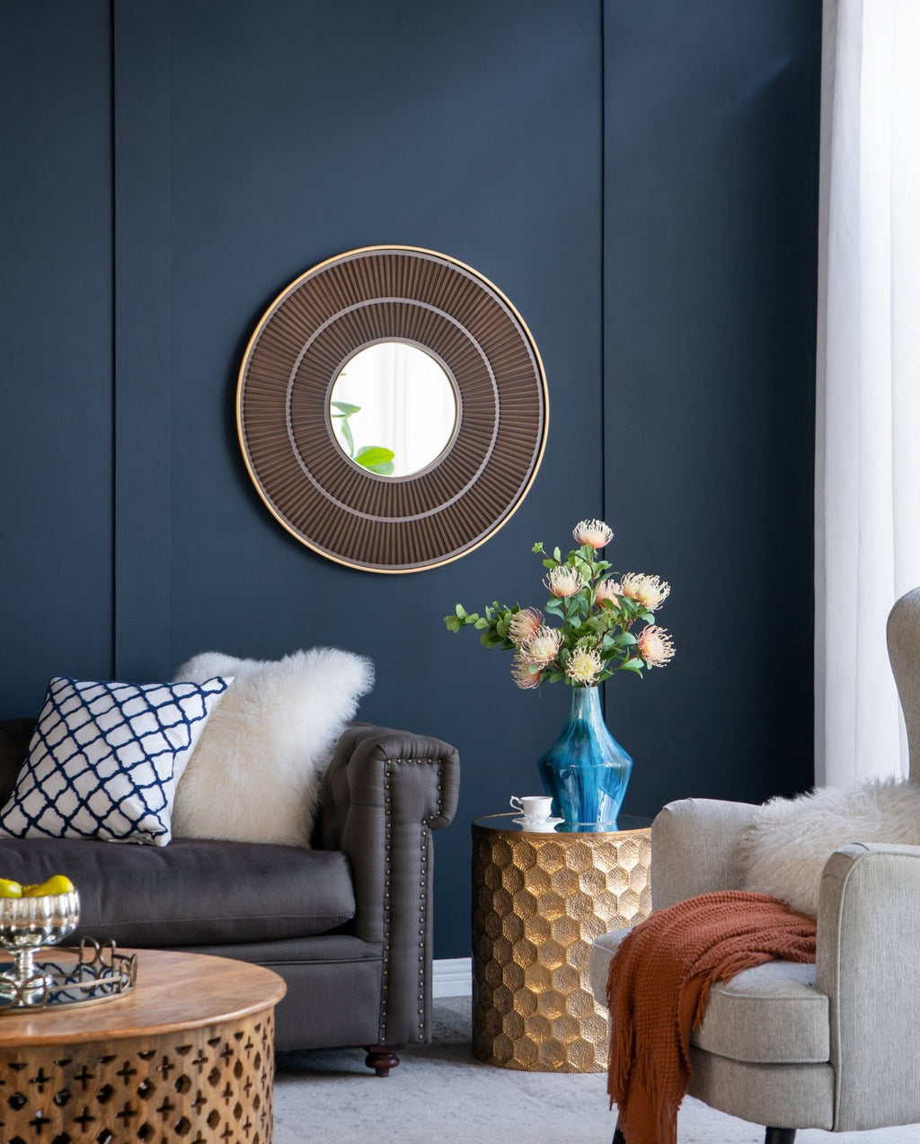 31.5x1x31.5" Round Carter Wooden Mirror with Gold Iron Frame Neutral Colorway Wall Decor for Live space, Bathroom, Entryway Wall Decor - Groovy Boardz