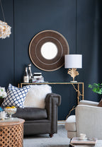 31.5x1x31.5" Round Carter Wooden Mirror with Gold Iron Frame Neutral Colorway Wall Decor for Live space, Bathroom, Entryway Wall Decor - Groovy Boardz