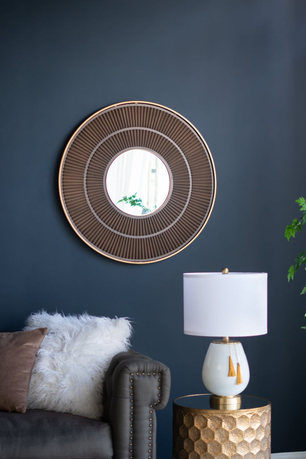 31.5x1x31.5" Round Carter Wooden Mirror with Gold Iron Frame Neutral Colorway Wall Decor for Live space, Bathroom, Entryway Wall Decor - Groovy Boardz