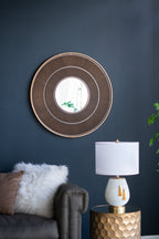 31.5x1x31.5" Round Carter Wooden Mirror with Gold Iron Frame Neutral Colorway Wall Decor for Live space, Bathroom, Entryway Wall Decor - Groovy Boardz