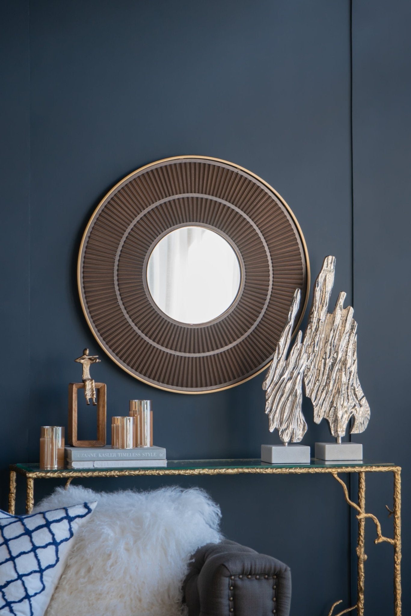 31.5x1x31.5" Round Carter Wooden Mirror with Gold Iron Frame Neutral Colorway Wall Decor for Live space, Bathroom, Entryway Wall Decor - Groovy Boardz
