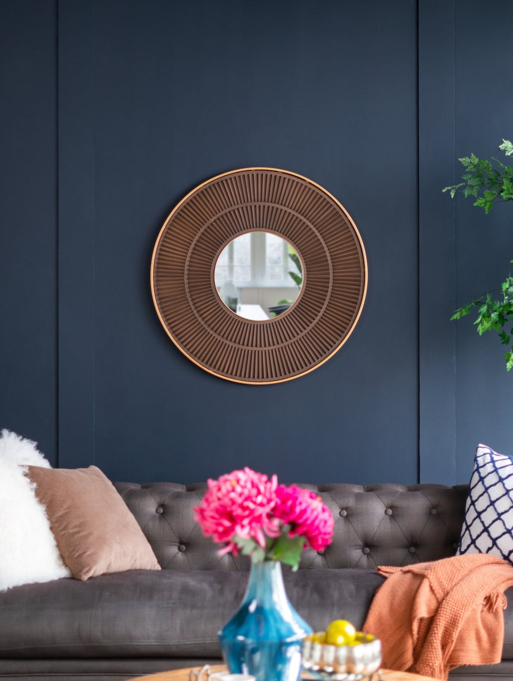 31.5x1x31.5" Round Carter Wooden Mirror with Gold Iron Frame Neutral Colorway Wall Decor for Live space, Bathroom, Entryway Wall Decor - Groovy Boardz