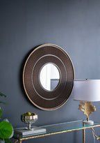 31.5x1x31.5" Round Carter Wooden Mirror with Gold Iron Frame Neutral Colorway Wall Decor for Live space, Bathroom, Entryway Wall Decor - Groovy Boardz