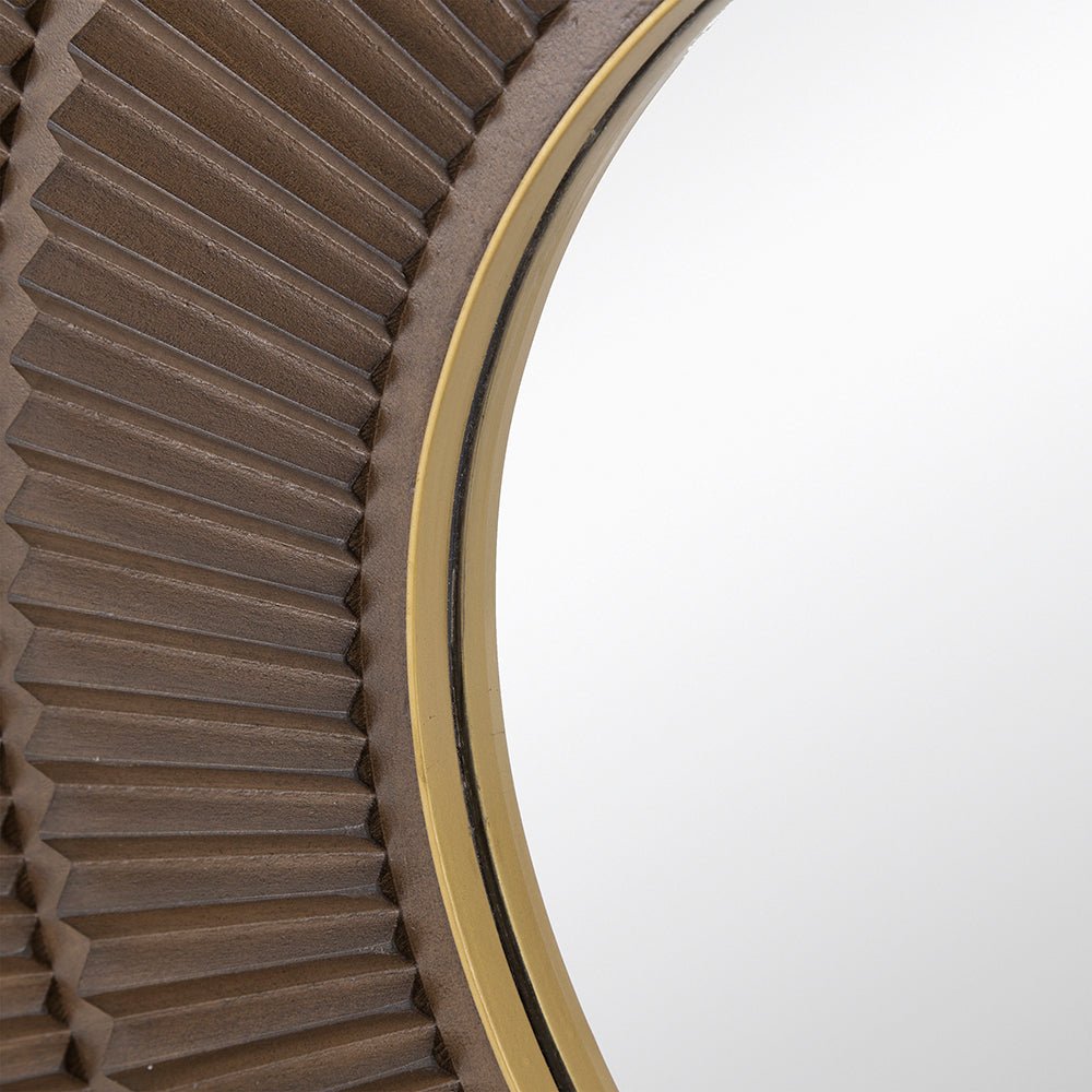 31.5x1x31.5" Round Carter Wooden Mirror with Gold Iron Frame Neutral Colorway Wall Decor for Live space, Bathroom, Entryway Wall Decor - Groovy Boardz