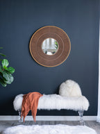 31.5x1x31.5" Round Carter Wooden Mirror with Gold Iron Frame Neutral Colorway Wall Decor for Live space, Bathroom, Entryway Wall Decor - Groovy Boardz