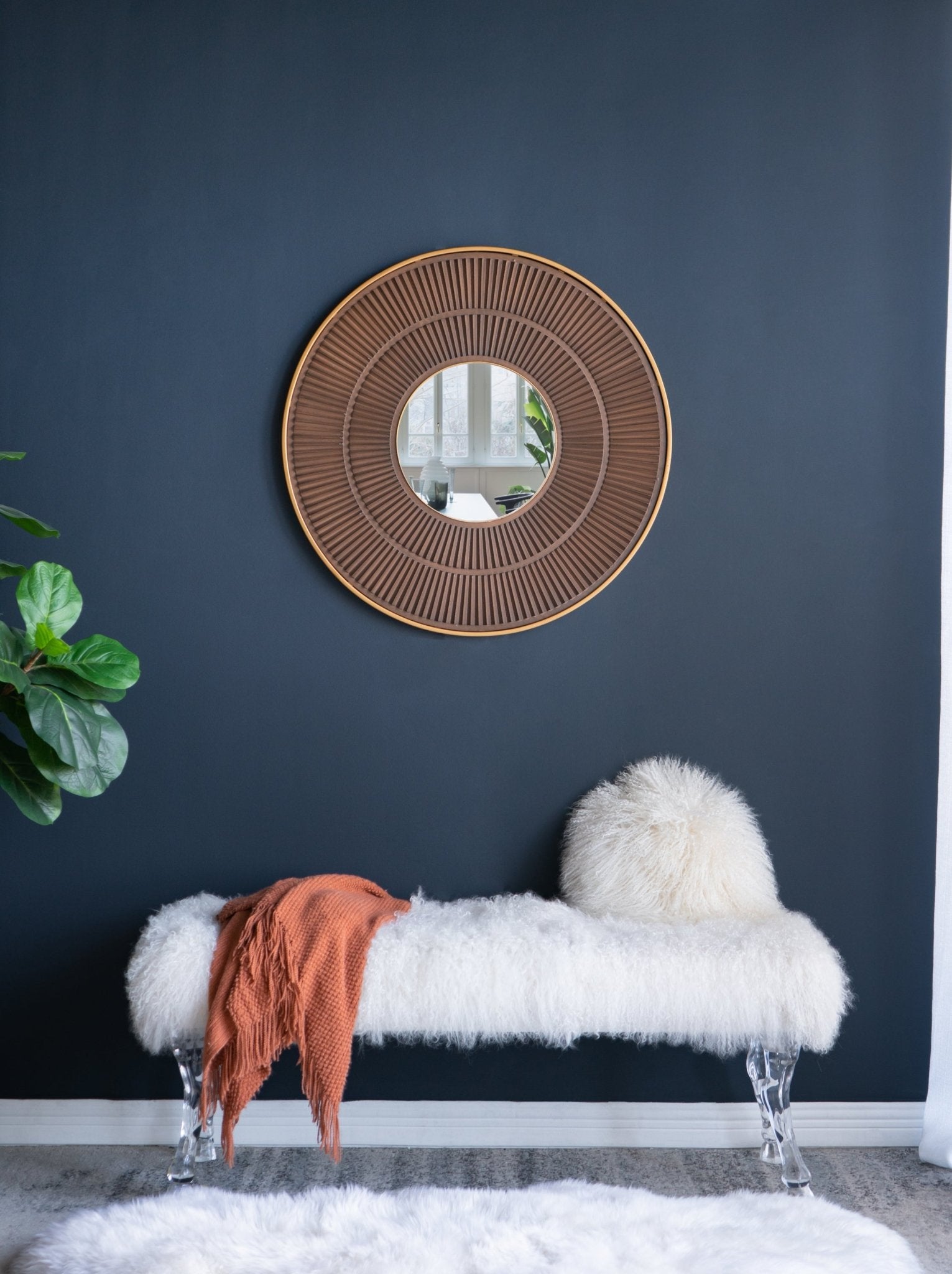 31.5x1x31.5" Round Carter Wooden Mirror with Gold Iron Frame Neutral Colorway Wall Decor for Live space, Bathroom, Entryway Wall Decor - Groovy Boardz