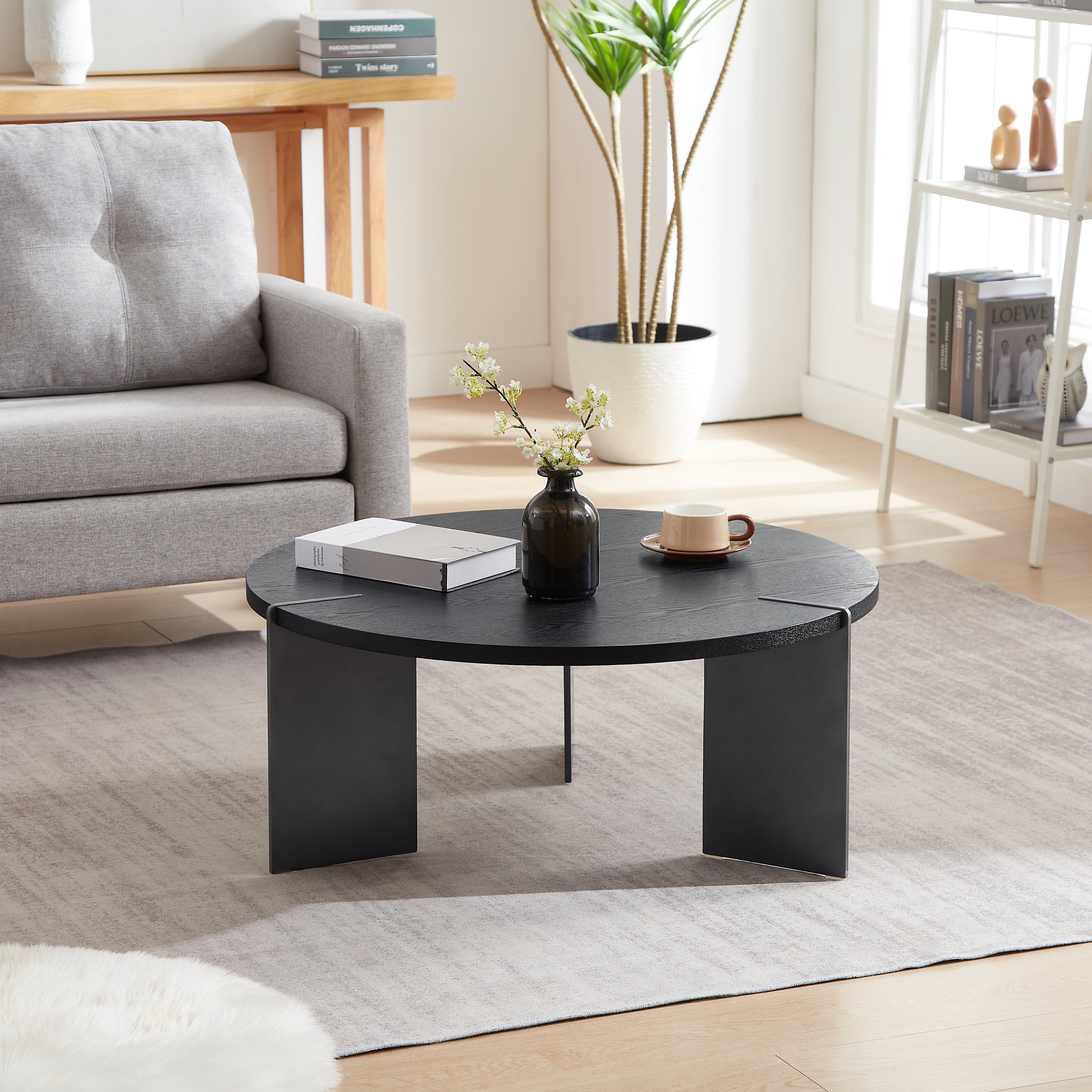 Round Coffee Table Black Oak Wood Surface and Black Metel Feet