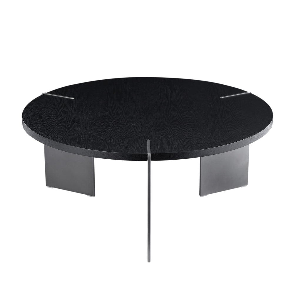 Round Coffee Table Black Oak Wood Surface and Black Metel Feet