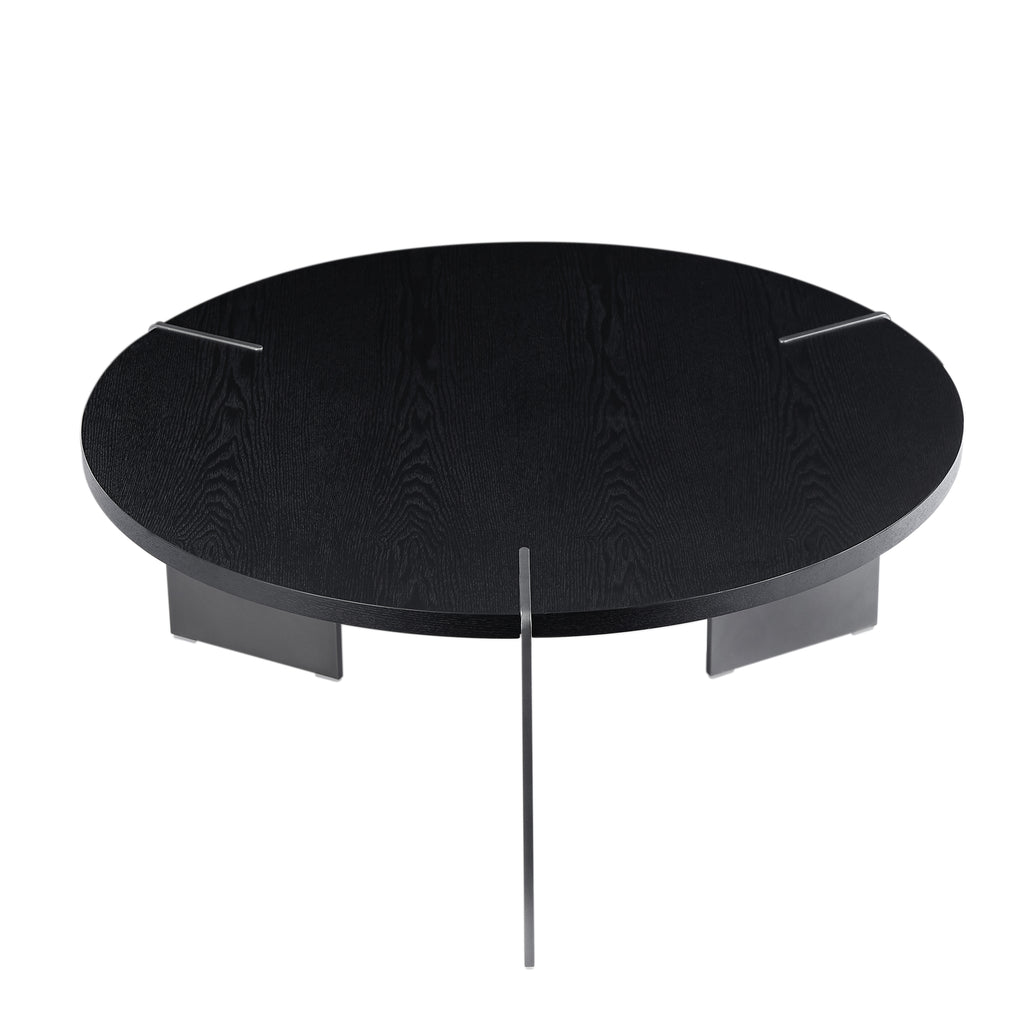 Round Coffee Table Black Oak Wood Surface and Black Metel Feet