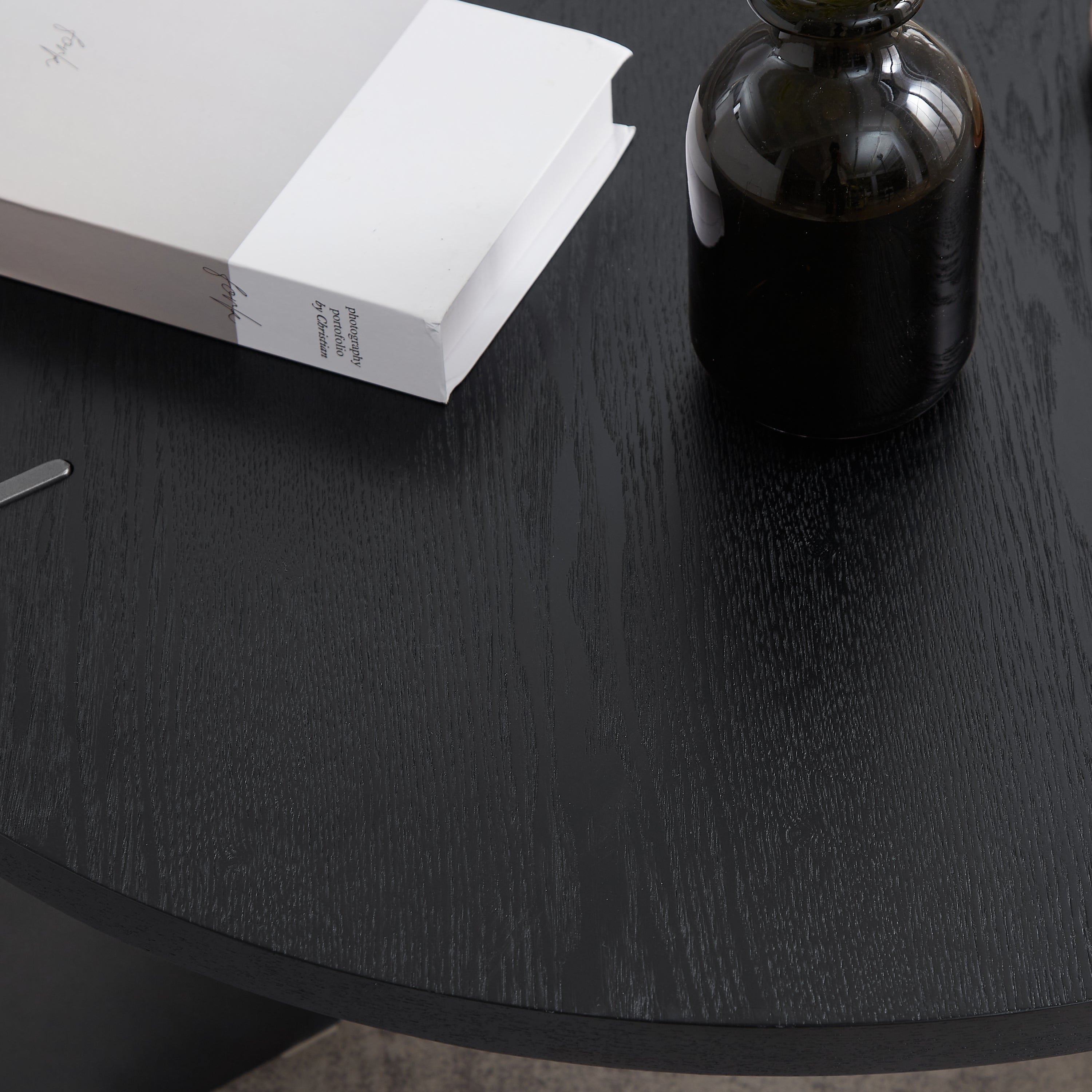 Round Coffee Table Black Oak Wood Surface and Black Metel Feet