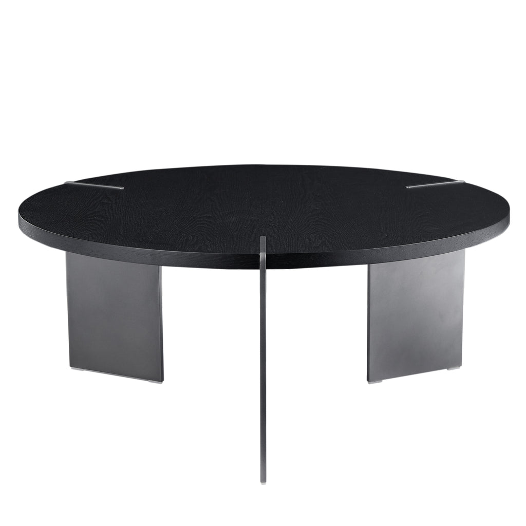 Round Coffee Table Black Oak Wood Surface and Black Metel Feet