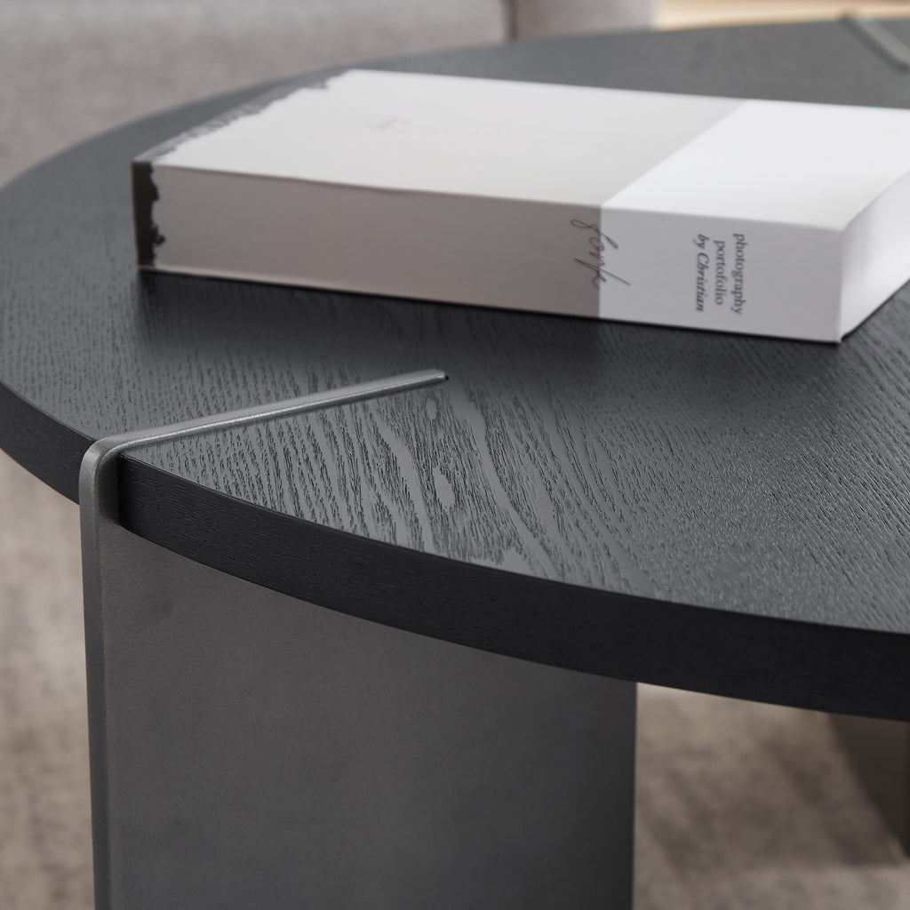 Round Coffee Table Black Oak Wood Surface and Black Metel Feet