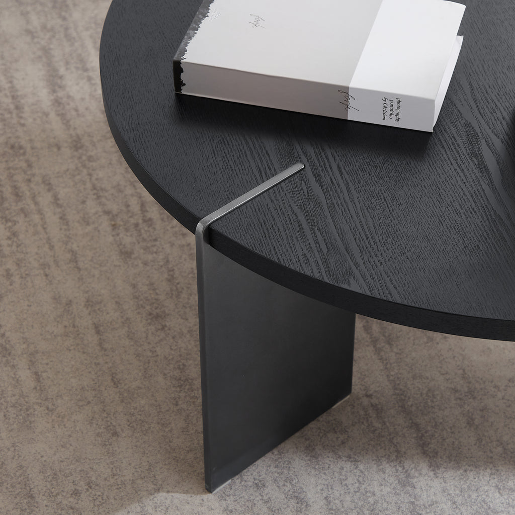 Round Coffee Table Black Oak Wood Surface and Black Metel Feet