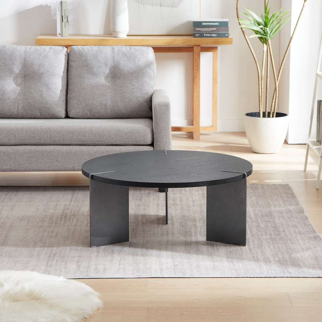 Round Coffee Table Black Oak Wood Surface and Black Metel Feet