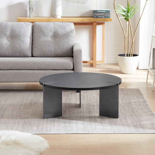 Round Coffee Table Black Oak Wood Surface and Black Metel Feet