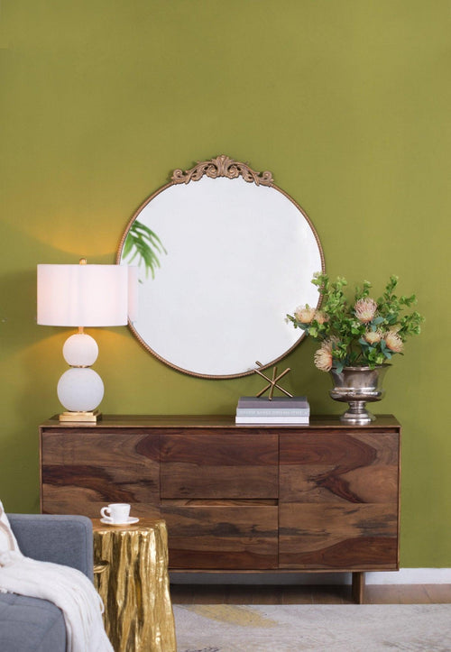 Round Gold Wall Mirror, 36 Inch, Metal Frame for Living Room.