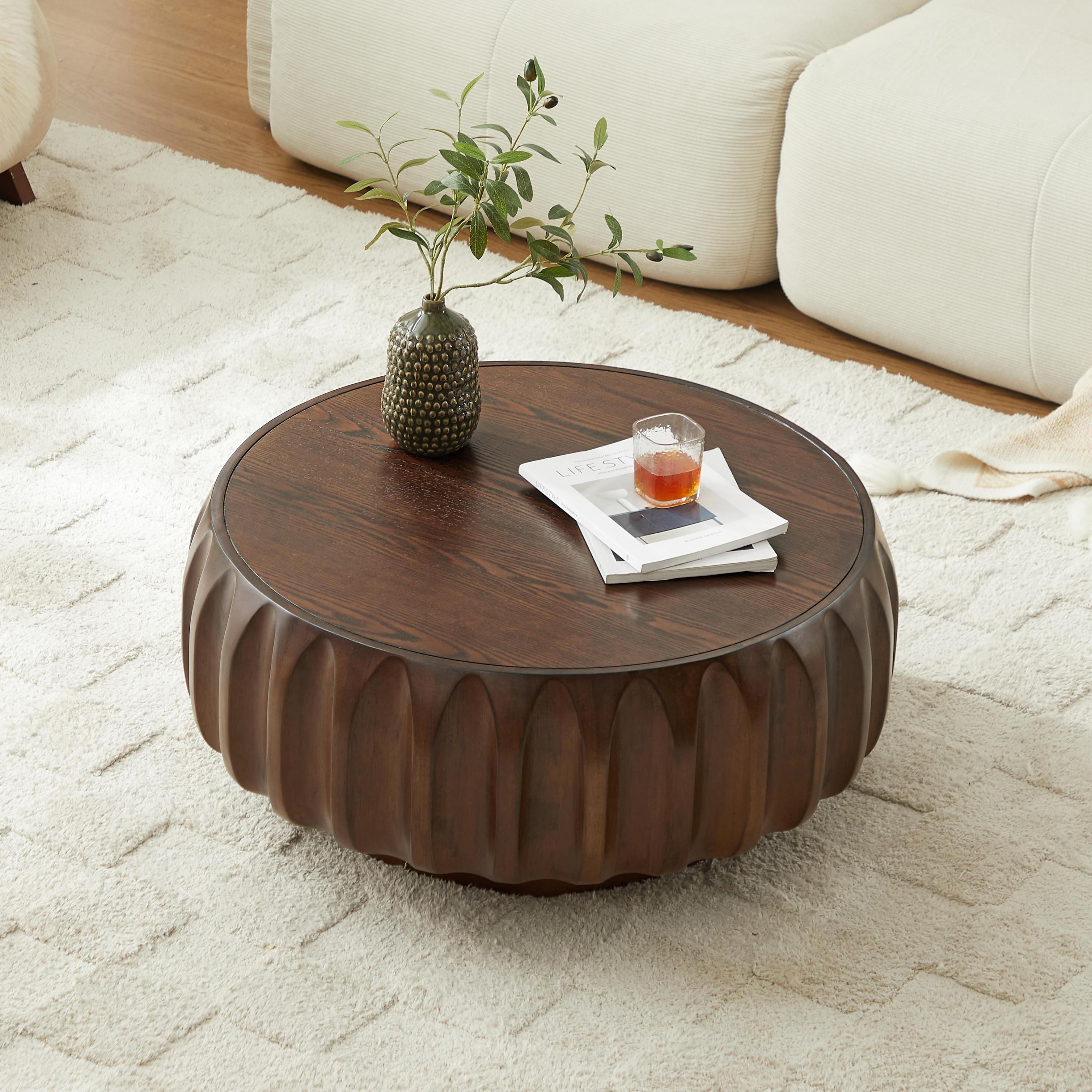 Round Solid Wood Carved Coffee Table with Elegant Sculptural Design Coffee Table