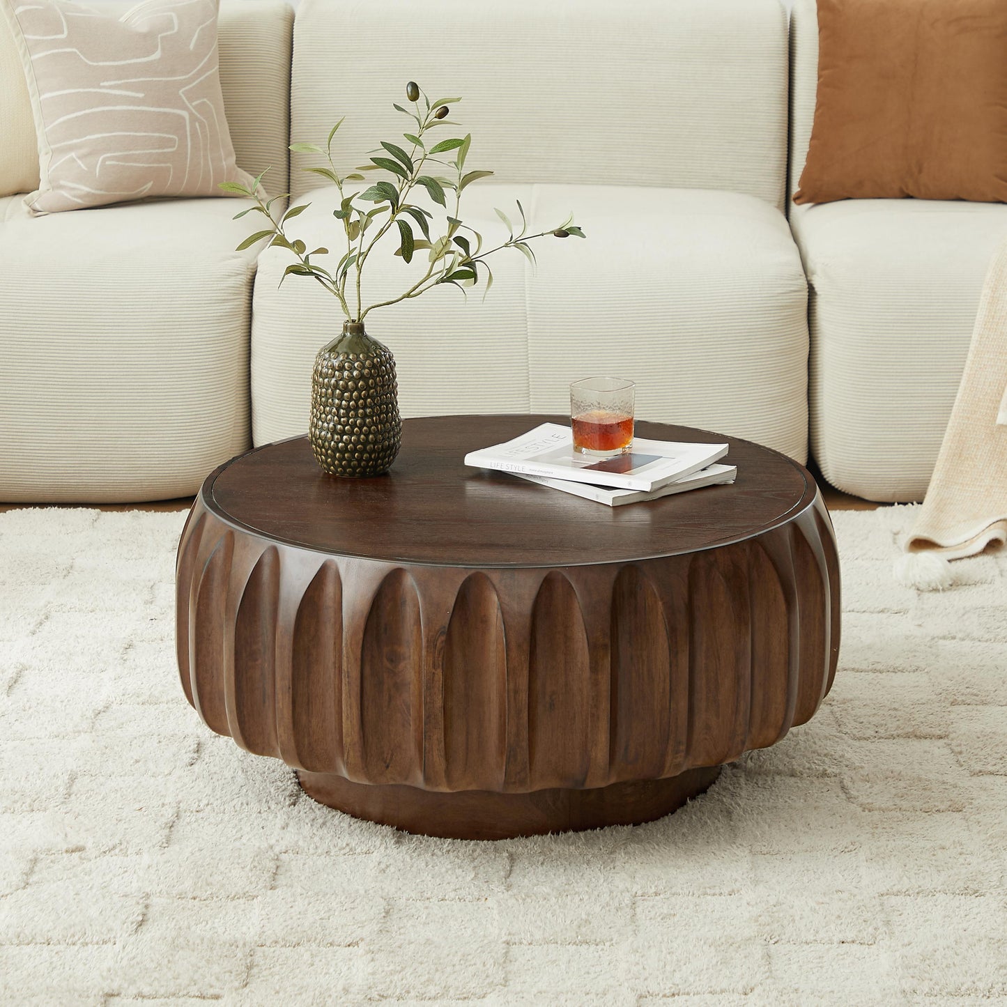Round Solid Wood Carved Coffee Table with Elegant Sculptural Design Coffee Table