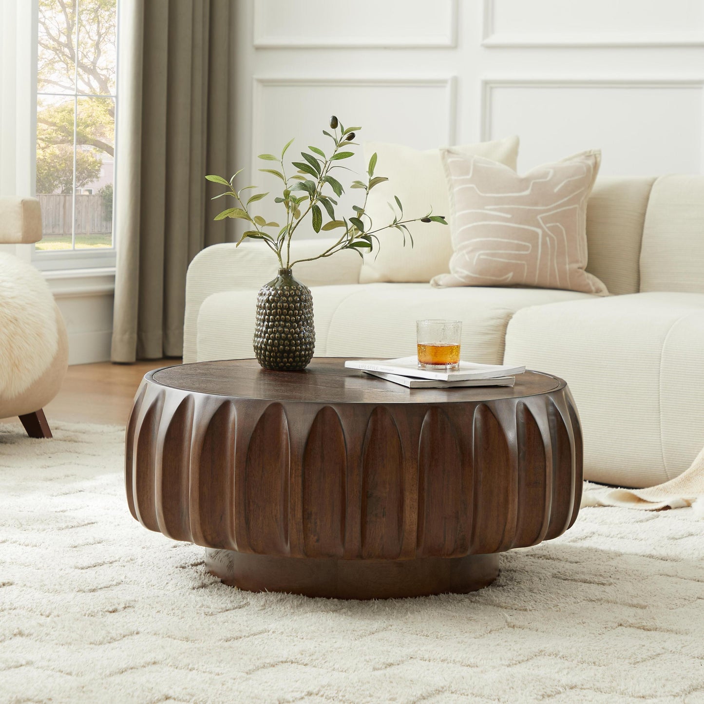 Round Solid Wood Carved Coffee Table with Elegant Sculptural Design Coffee Table