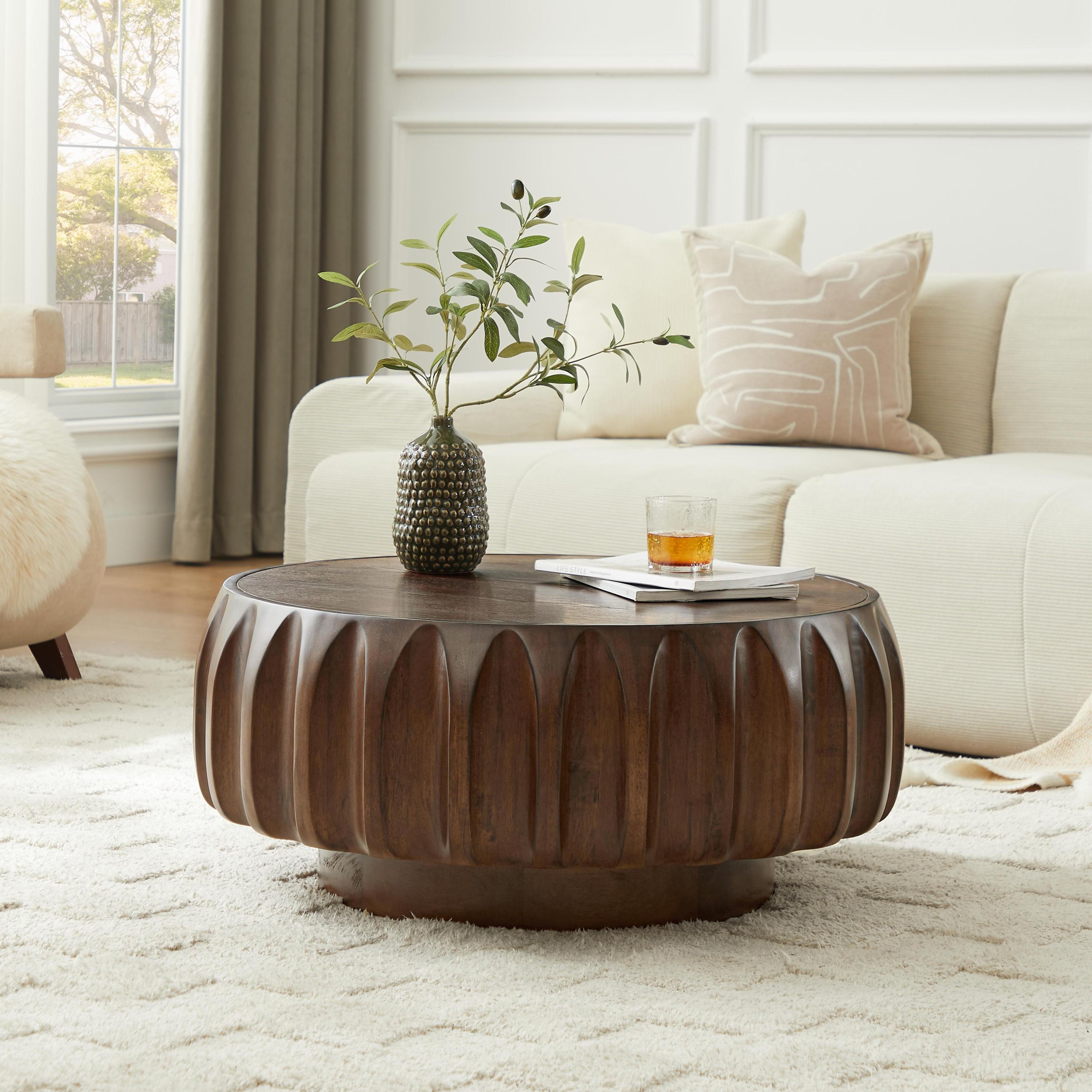 Round Solid Wood Carved Coffee Table with Elegant Sculptural Design Coffee Table