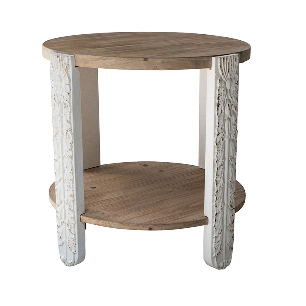 20x20x19.7' Round Two-Tiered Wooden Side Table with Natural Brown Finish and Distressed White Legs End Table