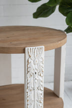 20x20x19.7' Round Two-Tiered Wooden Side Table with Natural Brown Finish and Distressed White Legs End Table